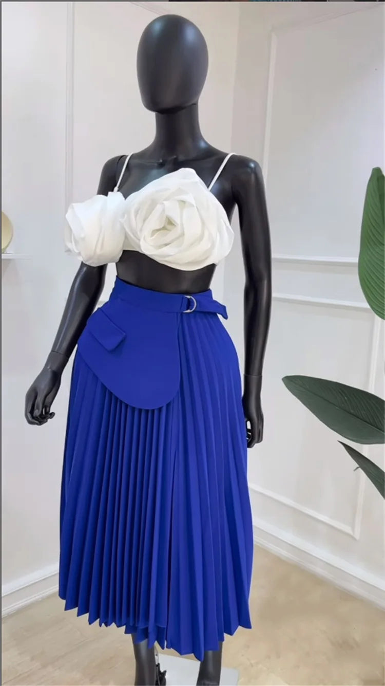 High Waist Patchwork Belt Big Swing Pleated Maxi Skirt