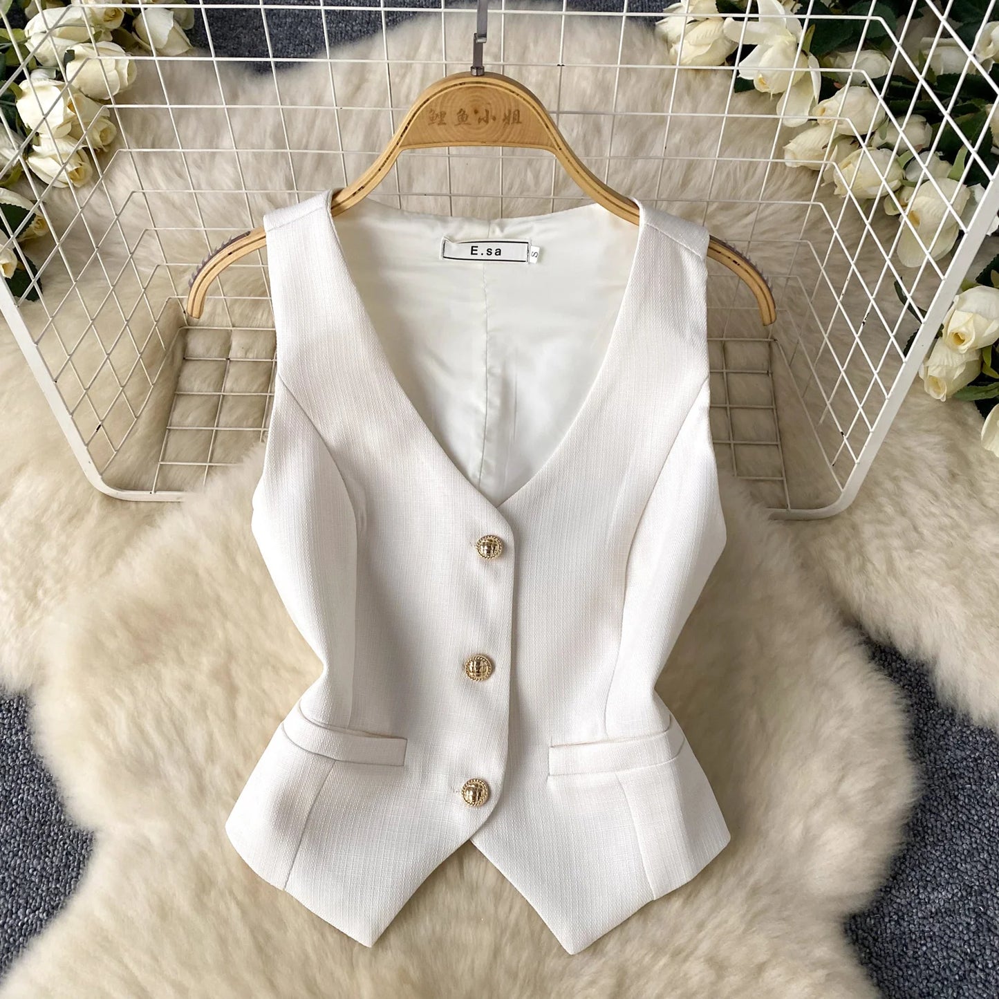 Single Breasted Basic Camisole+Zipper Design Pleated Skirt Set