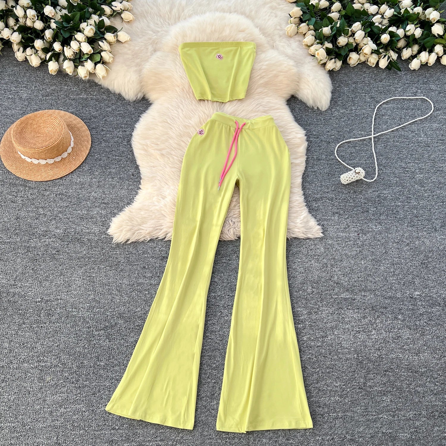 Hotsweet Embroidery Two Piece Pants Set