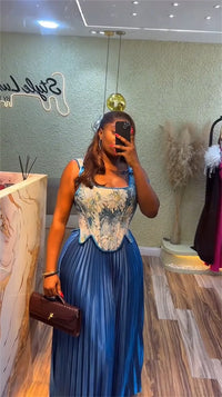 Floral Print Waist-cinching Corset +Pleated Long Skirts Set