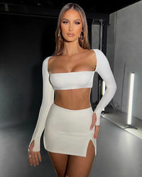 Square Collar Full Sleeve Crop Top+Mini Skirt Set