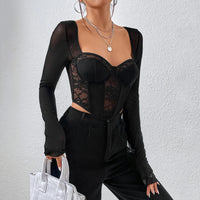 Chic Sexy V Neck Long Sleeve Mesh Crop Top