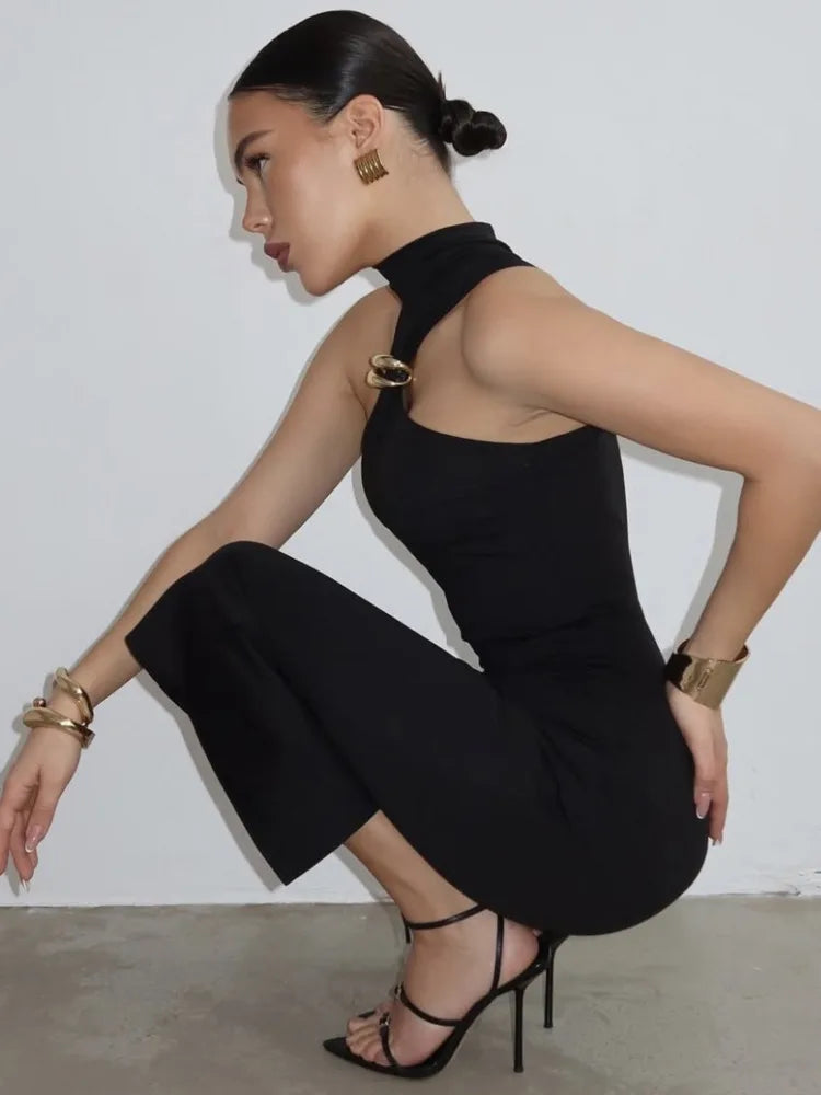 Turtleneck Ring Metal Sleeveless Midi Dress