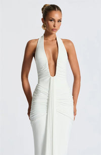 Deep V Neck Draped Ruched Sexy Maxi Dress