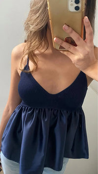 Blue Crop Top Ruffle Knitted Cami Top