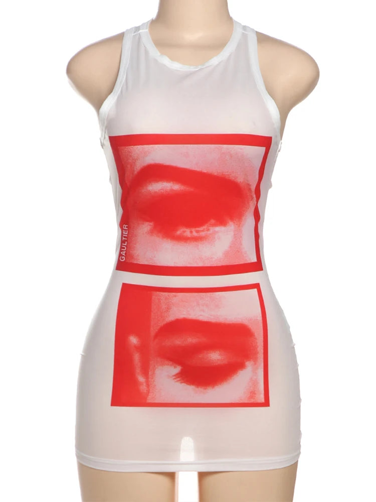 Mesh Lip Print Y2K O-neck Sleeveless Mini Dress