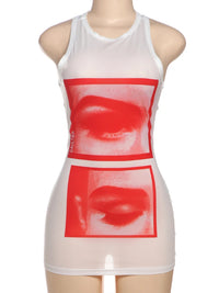 Mesh Lip Print Y2K O-neck Sleeveless Mini Dress