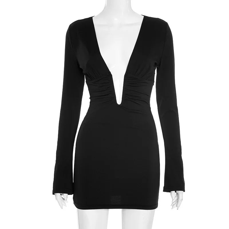 Deep V Neck Long Sleeve Sexy Mini Dress