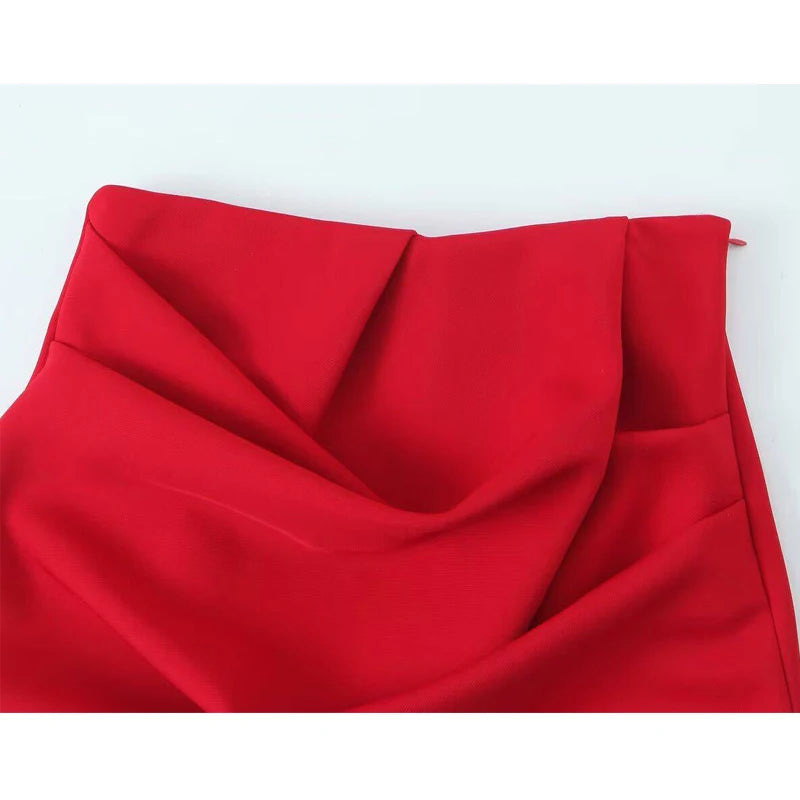 Red High Waist Pleated Mini Skirt