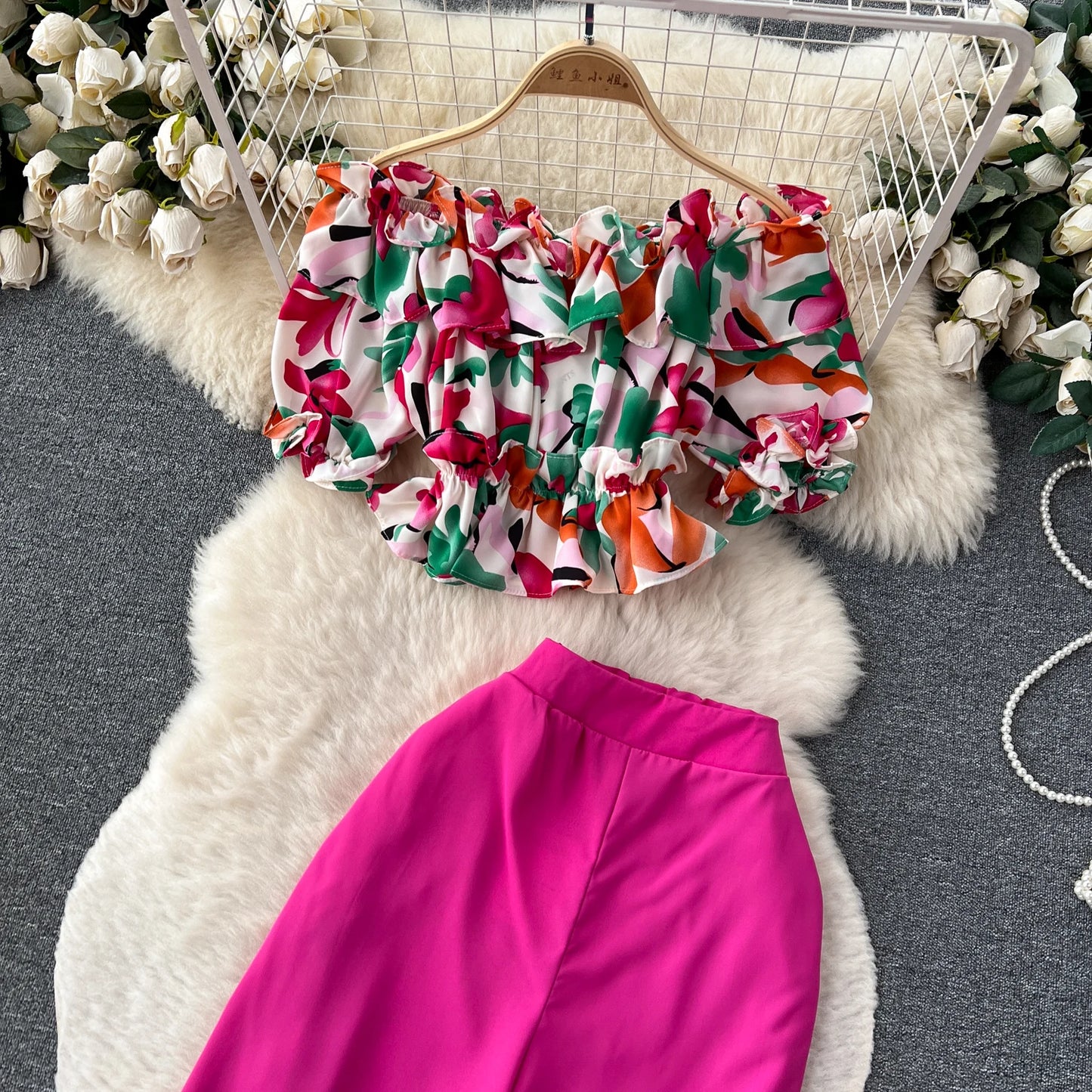 Ruffles Floral Print Elastic Waist Wide Leg Long Pants+Top Set