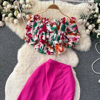 Ruffles Floral Print Elastic Waist Wide Leg Long Pants+Top Set