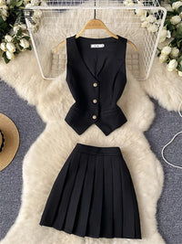 Single Breasted Basic Camisole+Zipper Design Pleated Skirt Set