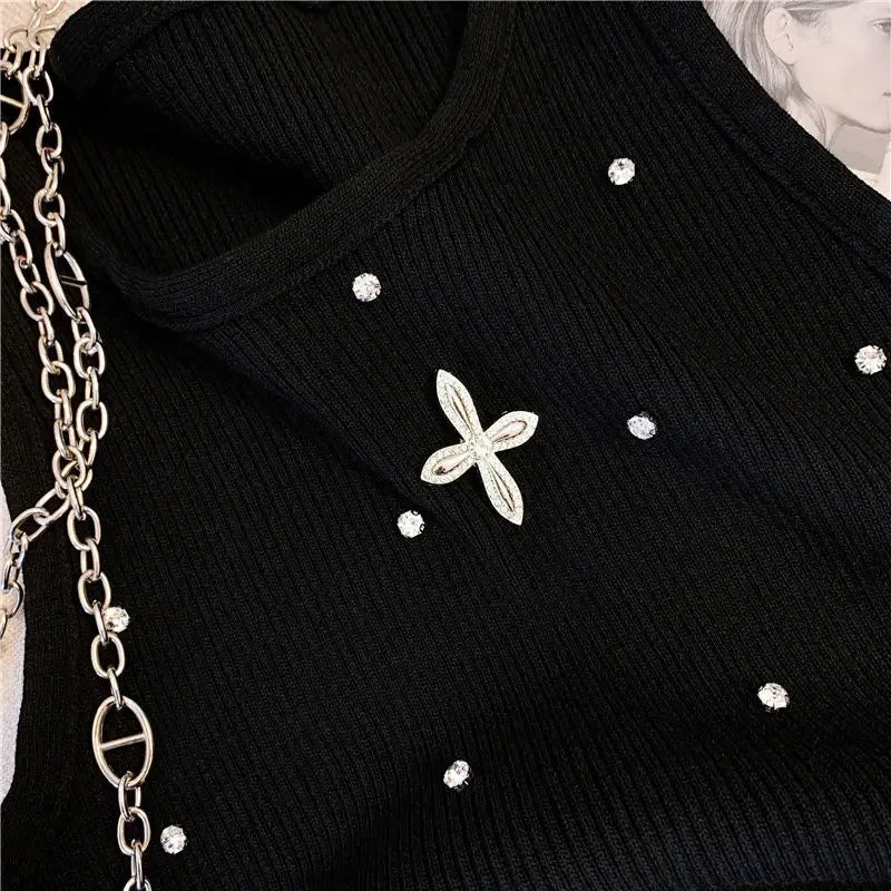 Embroidered Flare Chic Diamonds O-Neck Tank Top