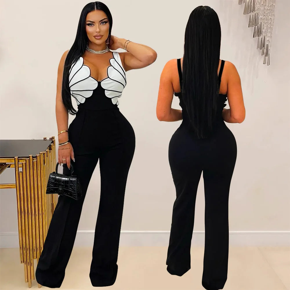 V-Neck Wide Leg  Sleeveless  Patchwork Jumpsuit