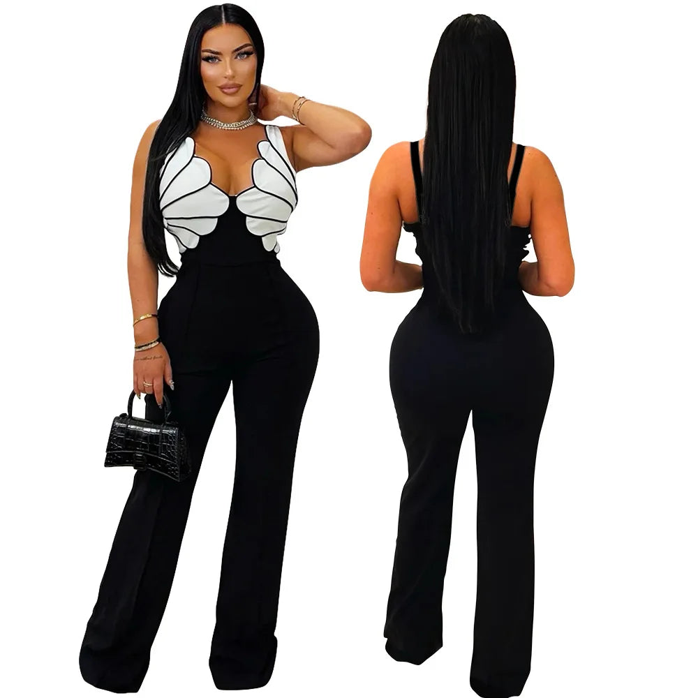 V-Neck Wide Leg  Sleeveless  Patchwork Jumpsuit