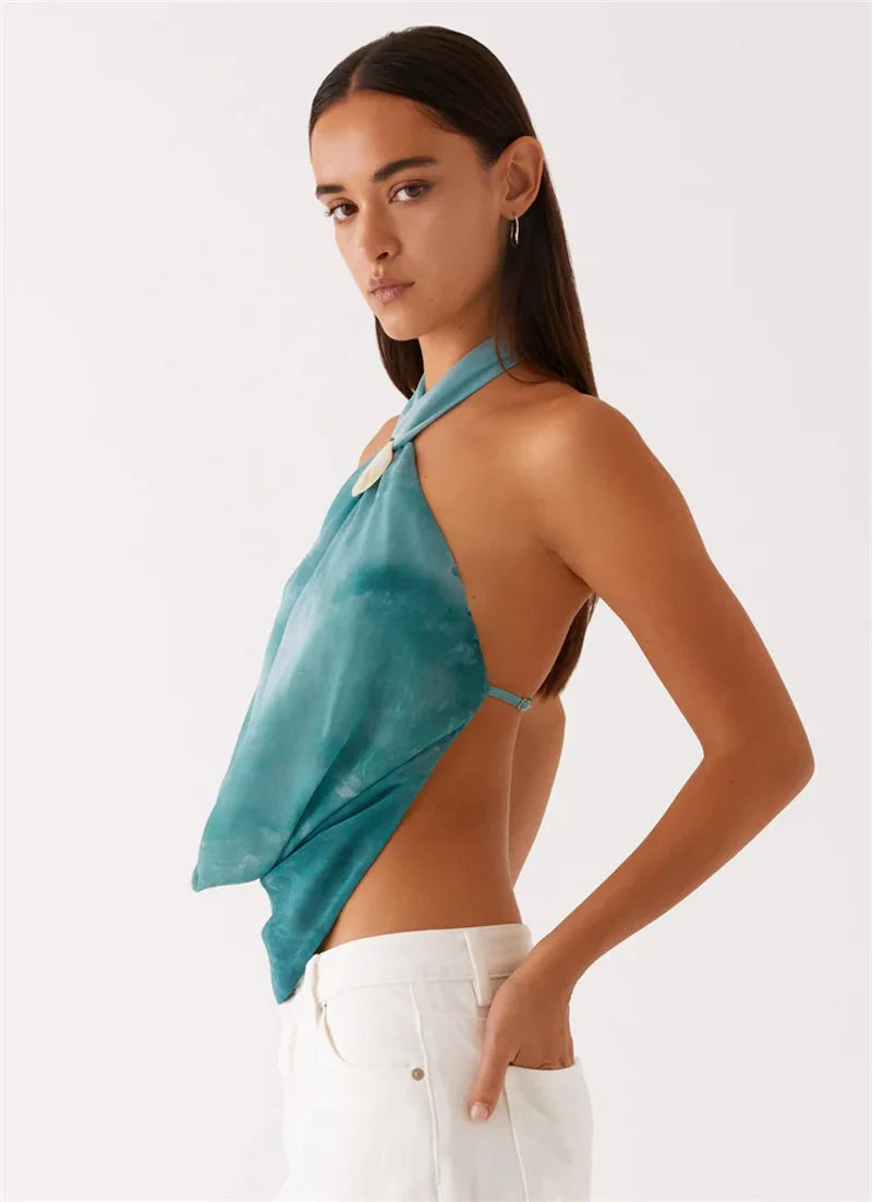 Tie Dye Hollow Out Halter Sexy Tank Top