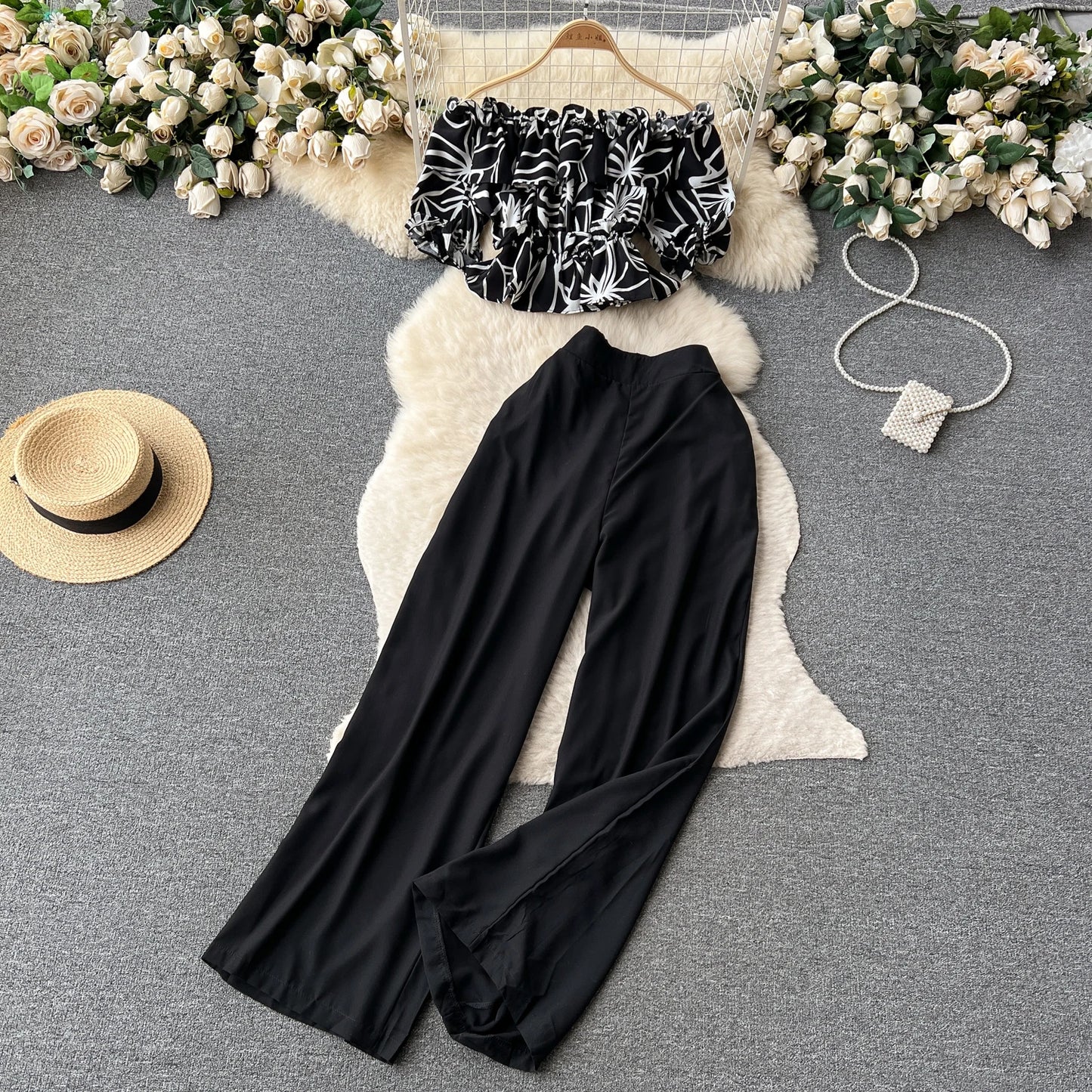 Ruffles Floral Print Elastic Waist Wide Leg Long Pants+Top Set