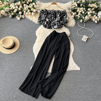 Ruffles Floral Print Elastic Waist Wide Leg Long Pants+Top Set