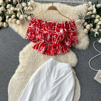 Ruffles Floral Print Elastic Waist Wide Leg Long Pants+Top Set