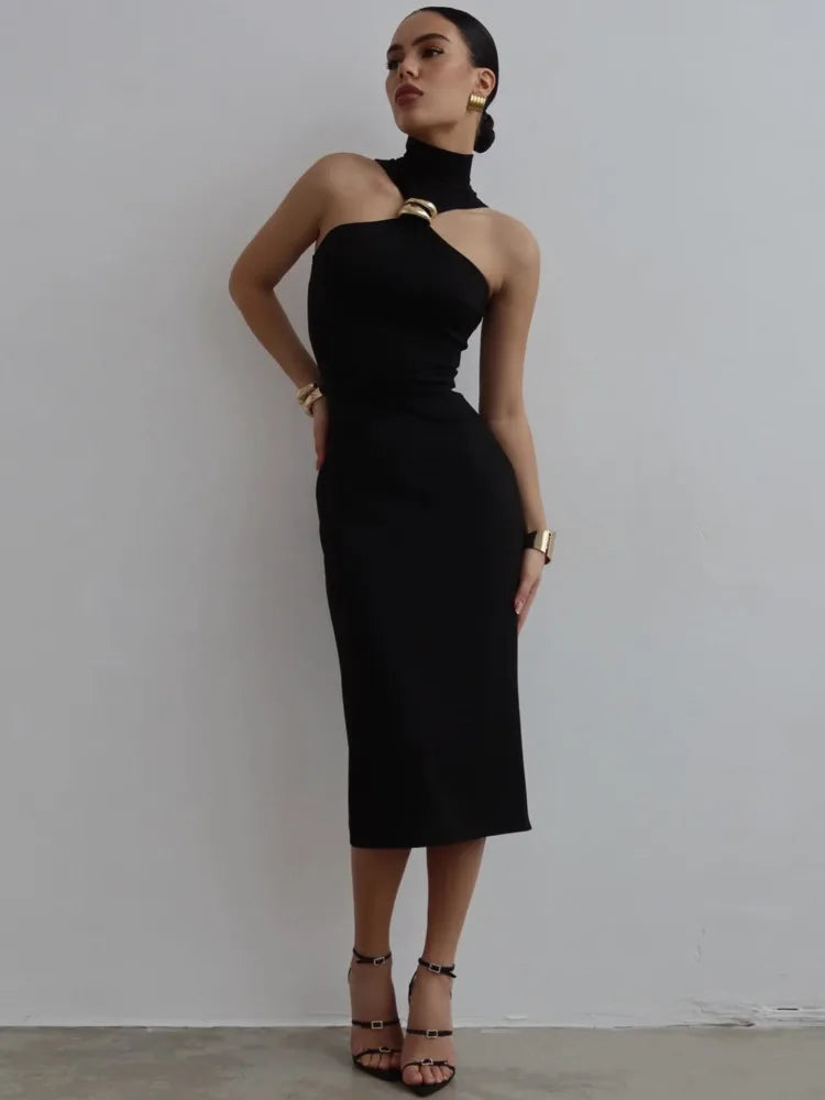 Turtleneck Ring Metal Sleeveless Midi Dress