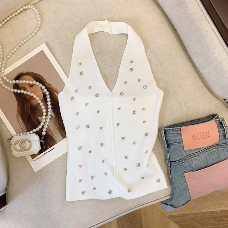 Halter Rhinestone Knitted Tank Top