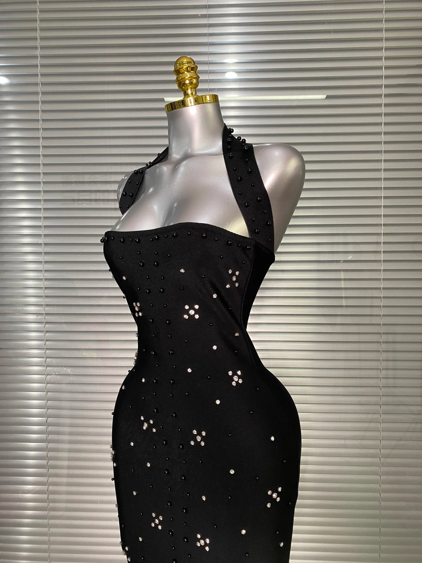Halter Long Crystal Beaded Bandage Dress
