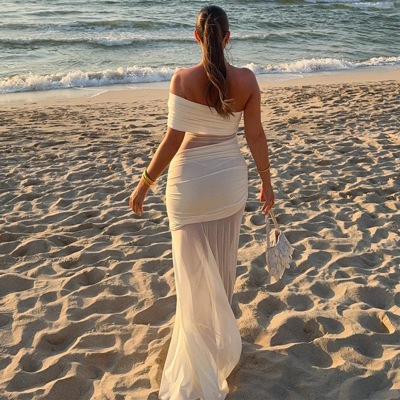 One Shoulder Mesh Sexy Maxi Dress