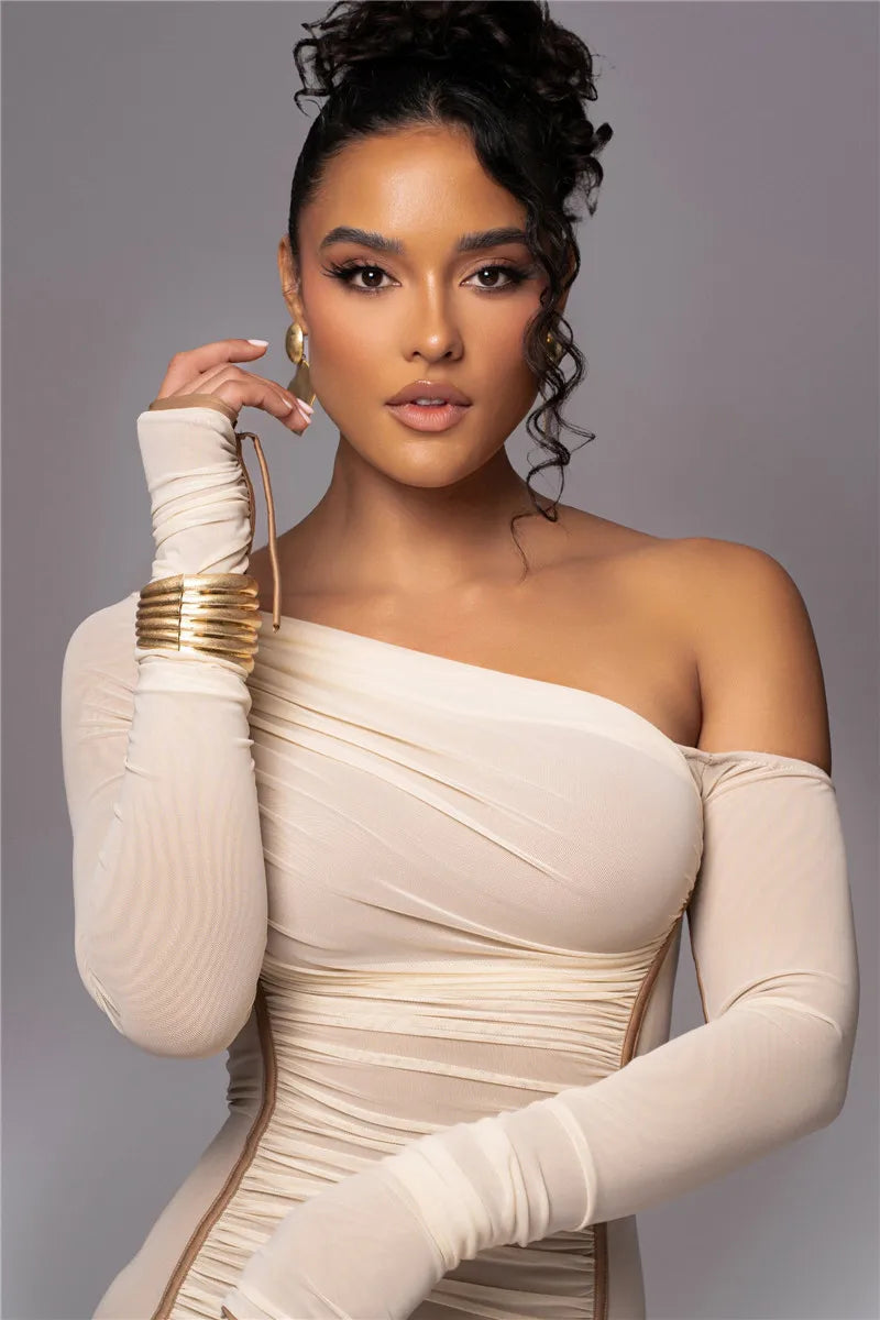 Diagonal Collar Long Sleeve Midi Dress