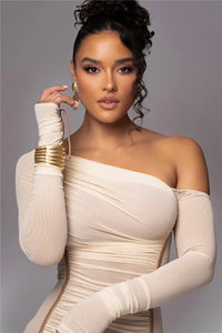 Diagonal Collar Long Sleeve Midi Dress