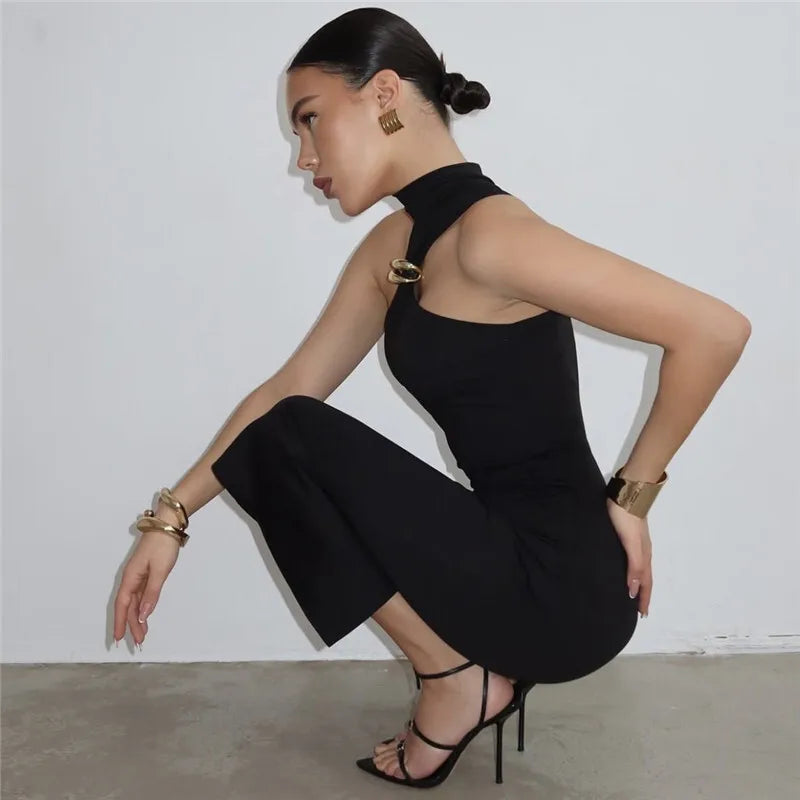 Turtleneck Ring Metal Sleeveless Midi Dress