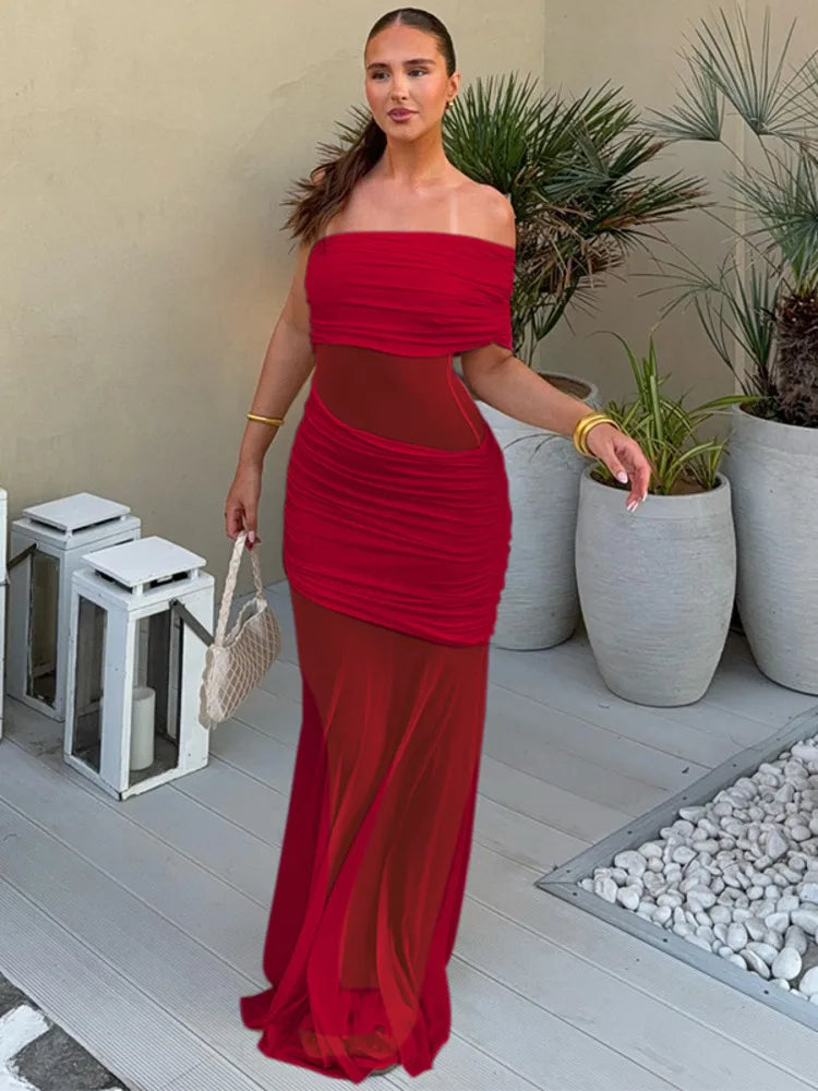 One Shoulder Mesh Sexy Maxi Dress
