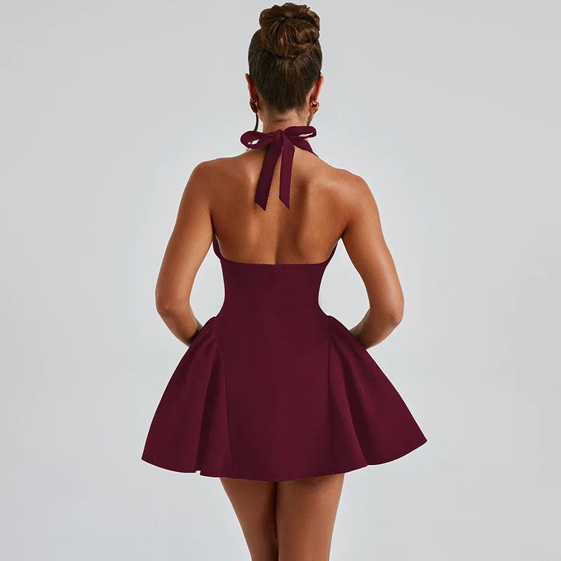 Elegant Halter High Waist A-line Deep V Neck Mini Dress