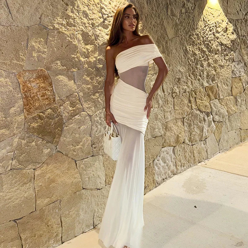 One Shoulder Mesh Sexy Maxi Dress