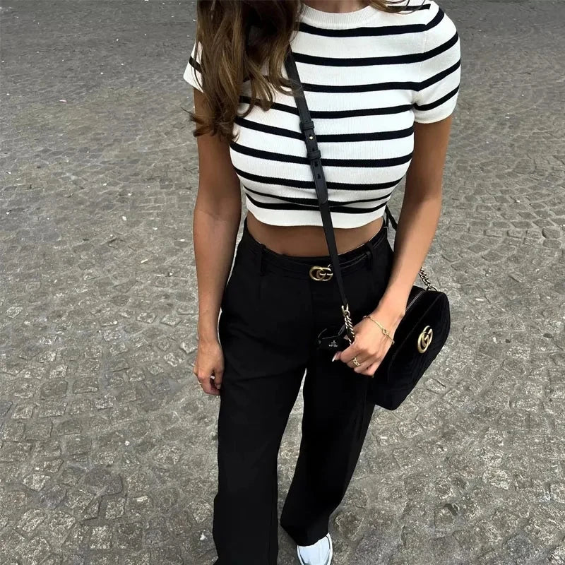 Striped Knitted Short Sleeve Crop Sweater