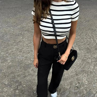 Striped Knitted Short Sleeve Crop Sweater
