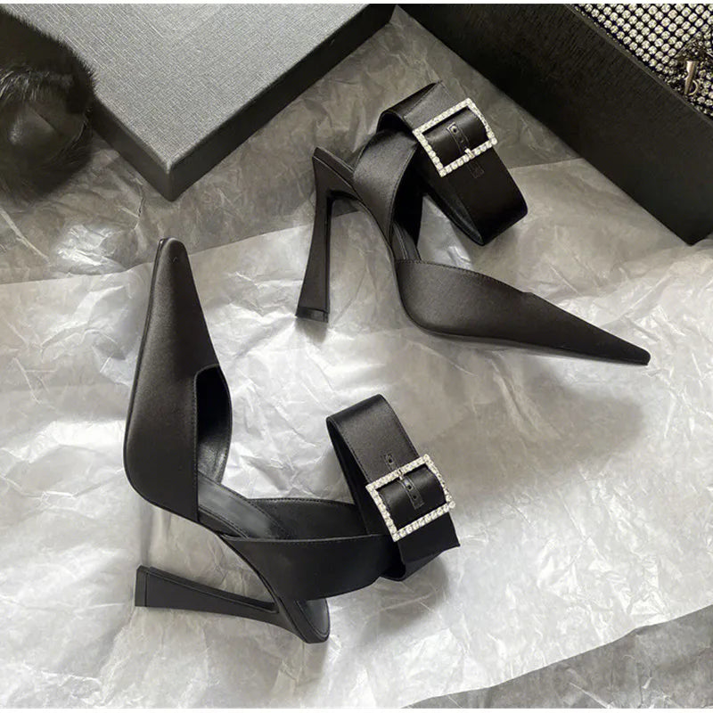 Luxury Satin Rhinestones Square Buckle Pumps