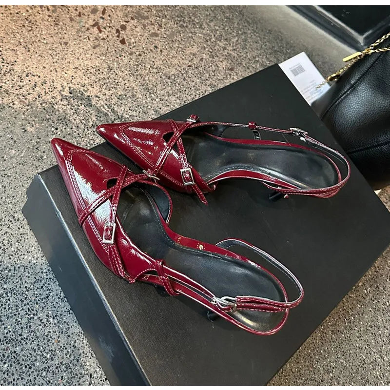 Elegant Pointed toe PU Leather Slingback Thin Heels