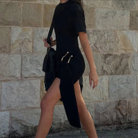 Metal Buckle O Neck High Waist Short Sleeve Mini Dress
