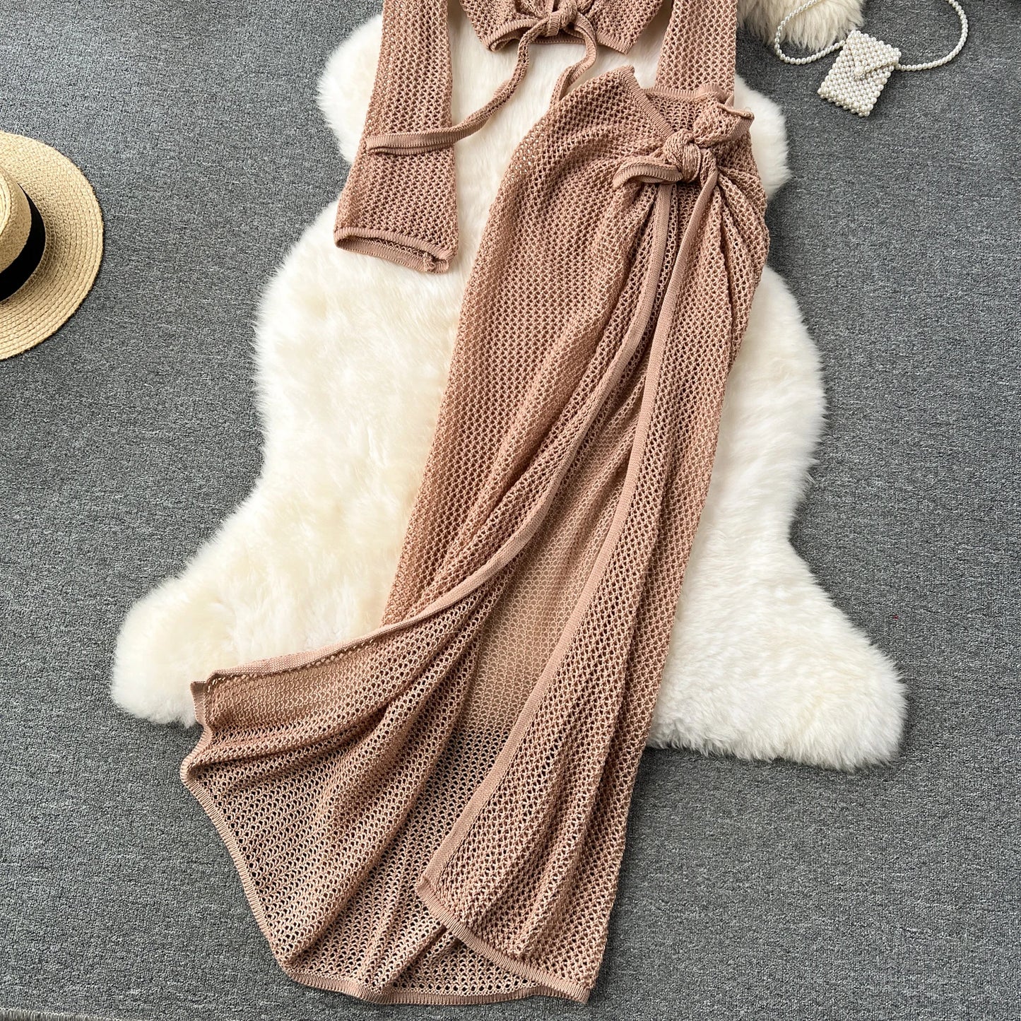 Long Sleeve V Neck Short Top+Adjustable Waist Split Long Skirt Set