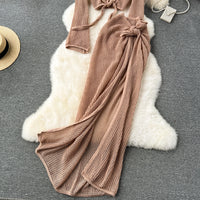 Long Sleeve V Neck Short Top+Adjustable Waist Split Long Skirt Set