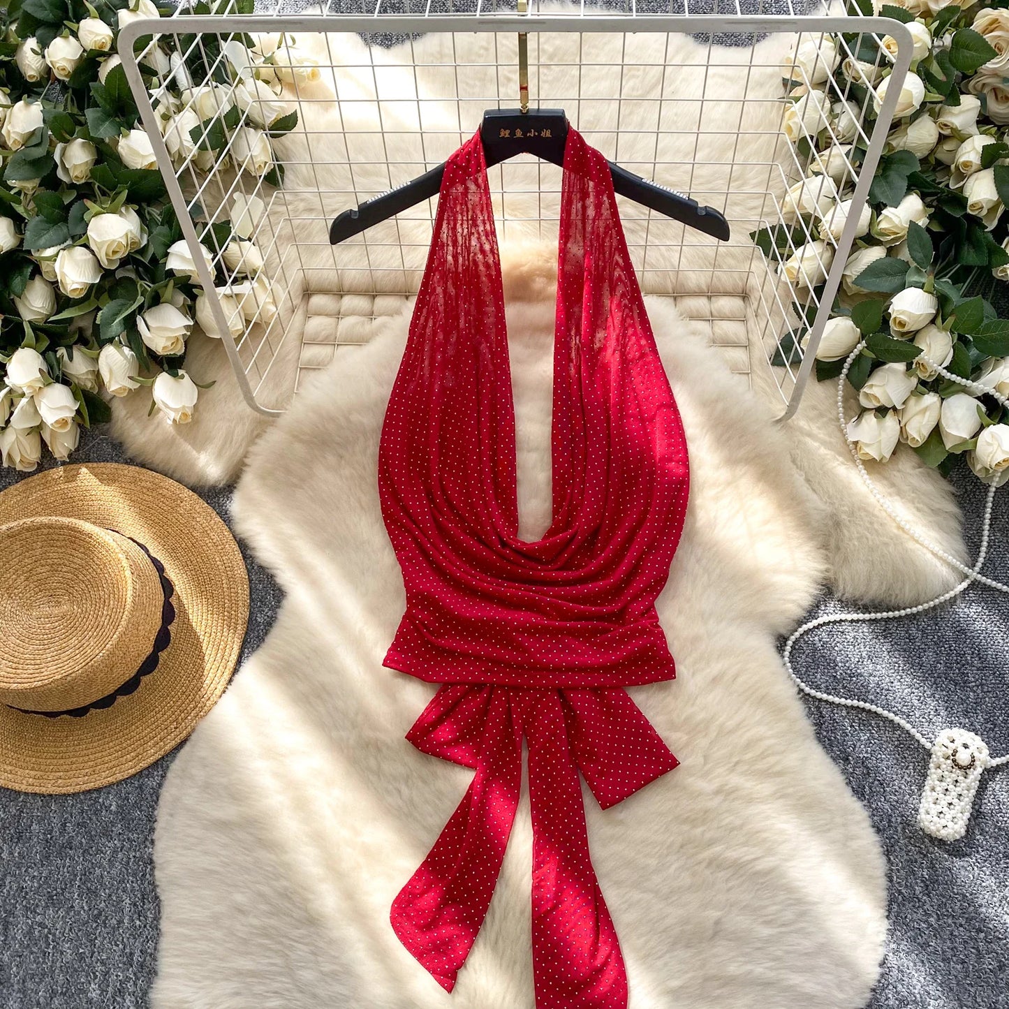 Halter Lace Up Backless Shiny Swing Collar Mesh Top