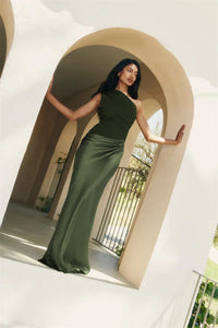 Satin Inclined Shoulder Sexy Maxi Dress