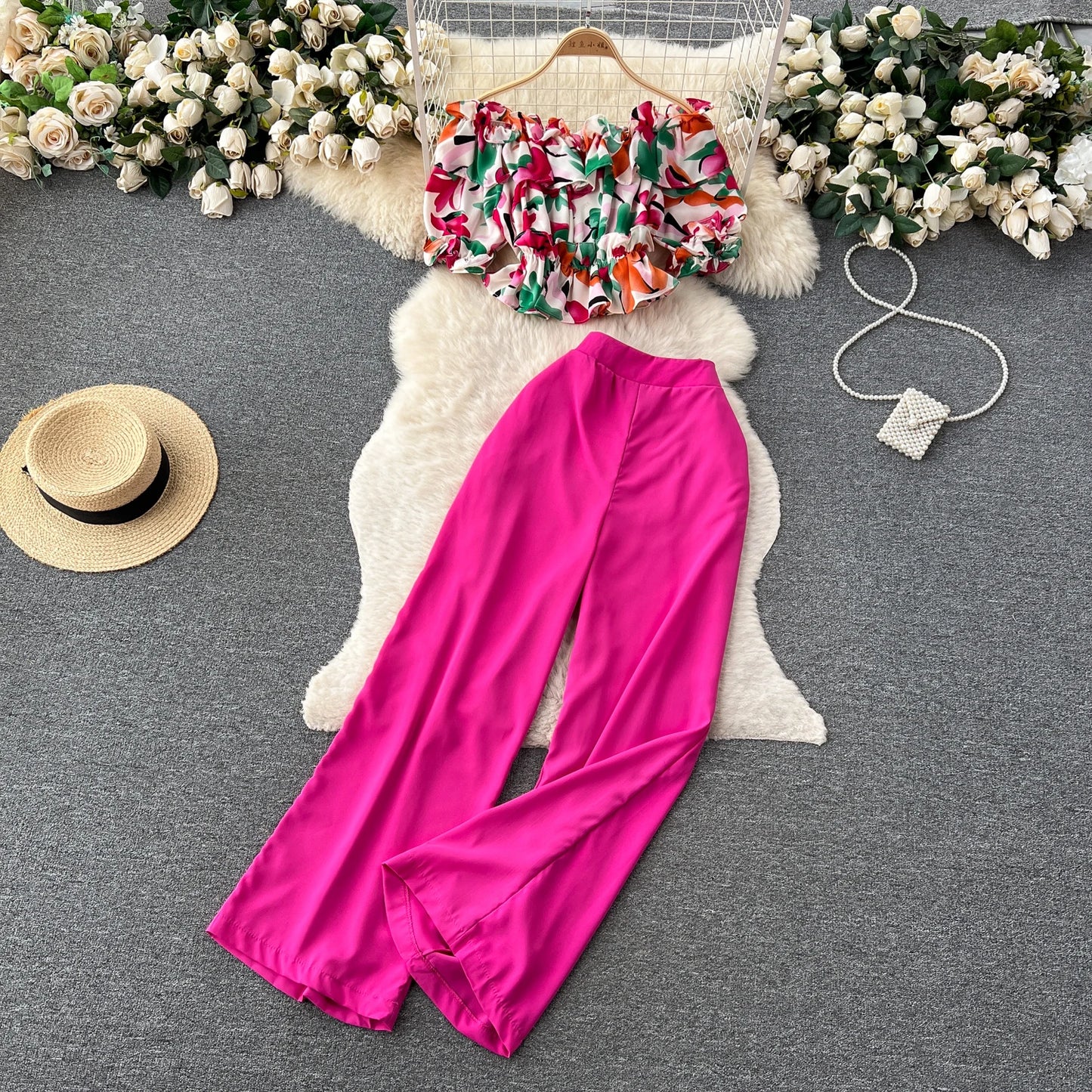 Ruffles Floral Print Elastic Waist Wide Leg Long Pants+Top Set