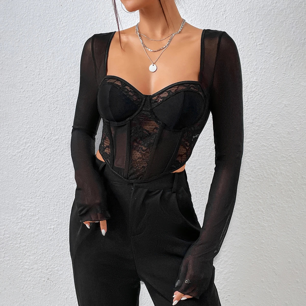 Chic Sexy V Neck Long Sleeve Mesh Crop Top