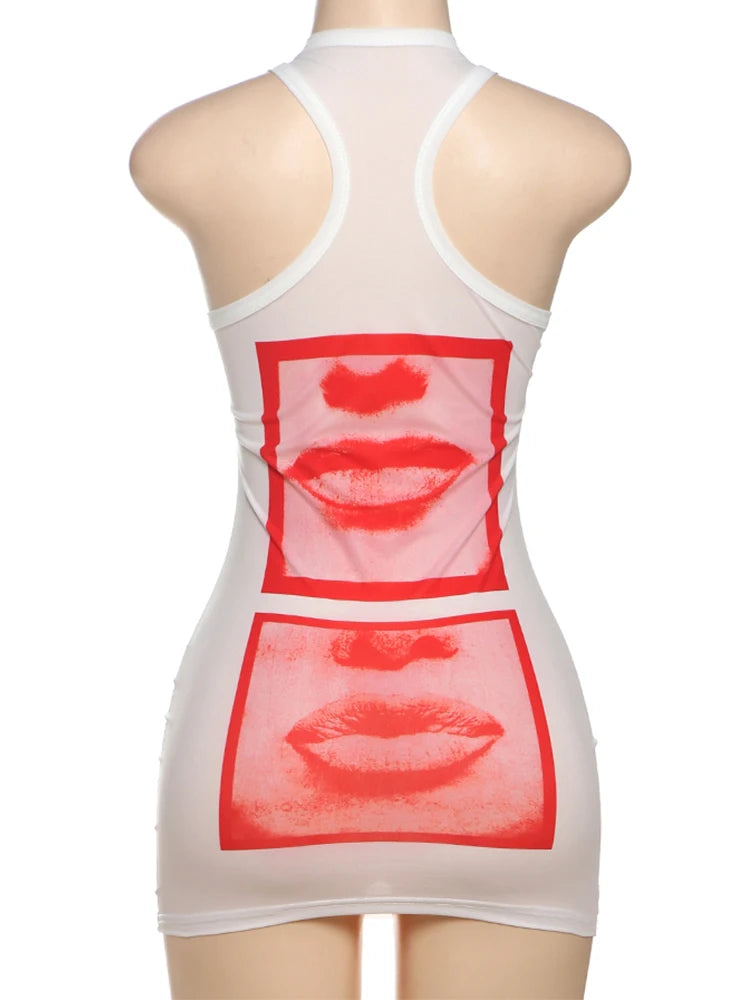 Mesh Lip Print Y2K O-neck Sleeveless Mini Dress
