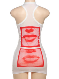 Mesh Lip Print Y2K O-neck Sleeveless Mini Dress