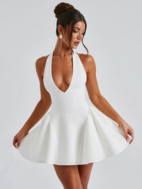 Elegant Halter High Waist A-line Deep V Neck Mini Dress