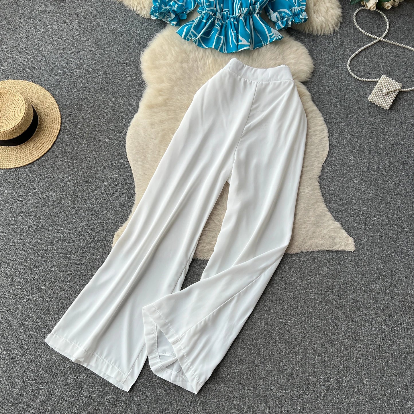 Ruffles Floral Print Elastic Waist Wide Leg Long Pants+Top Set