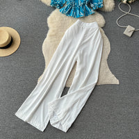 Ruffles Floral Print Elastic Waist Wide Leg Long Pants+Top Set