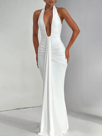 Deep V Neck Draped Ruched Sexy Maxi Dress